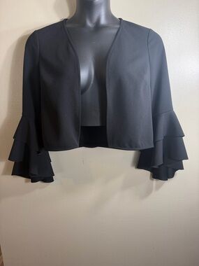 Lauren Ralph Lauren Black Cropped Open Front Jacket Bell Sleeve M